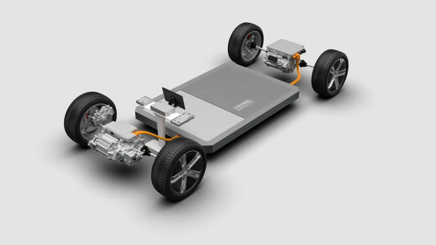 BYD e³-Plattform mit Achsen und Batterie